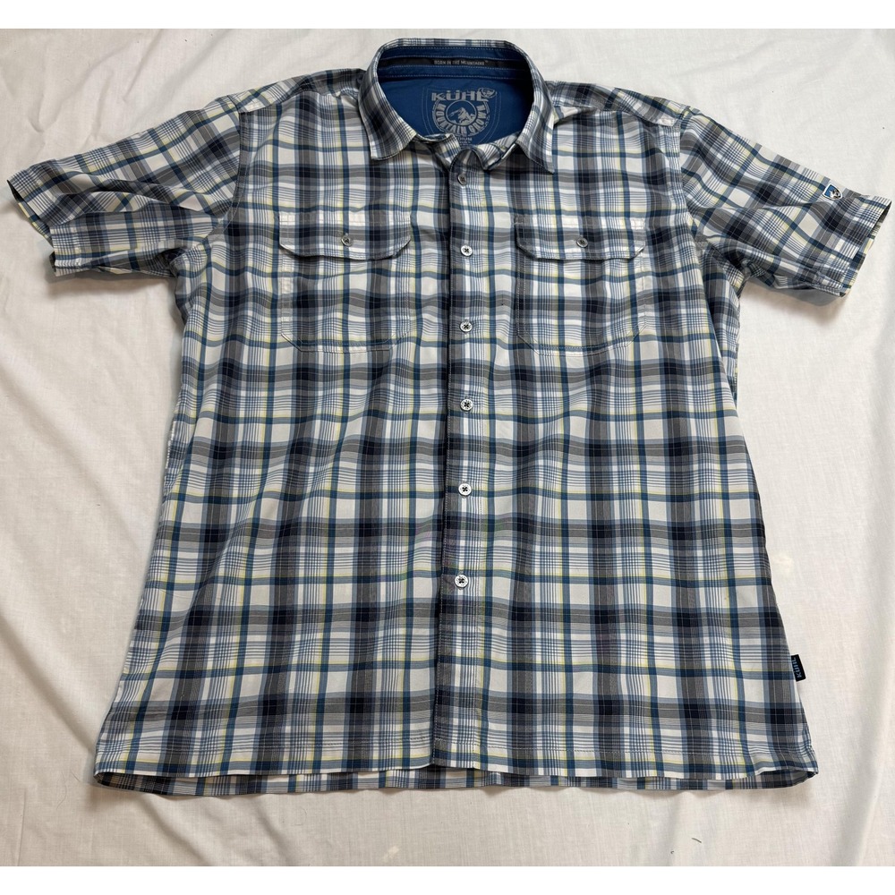 Kuhl Shirt Mens Medium Blue Gray Plaid Eluxur‎ Performance Short Sleeve Outdoor